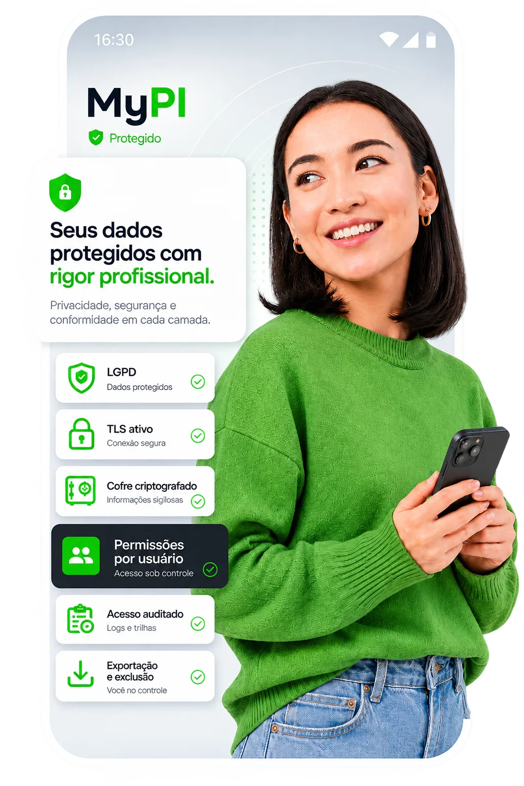 MyPI Protegido: LGPD, TLS, cofre criptografado, permissões por usuário, acesso auditado
