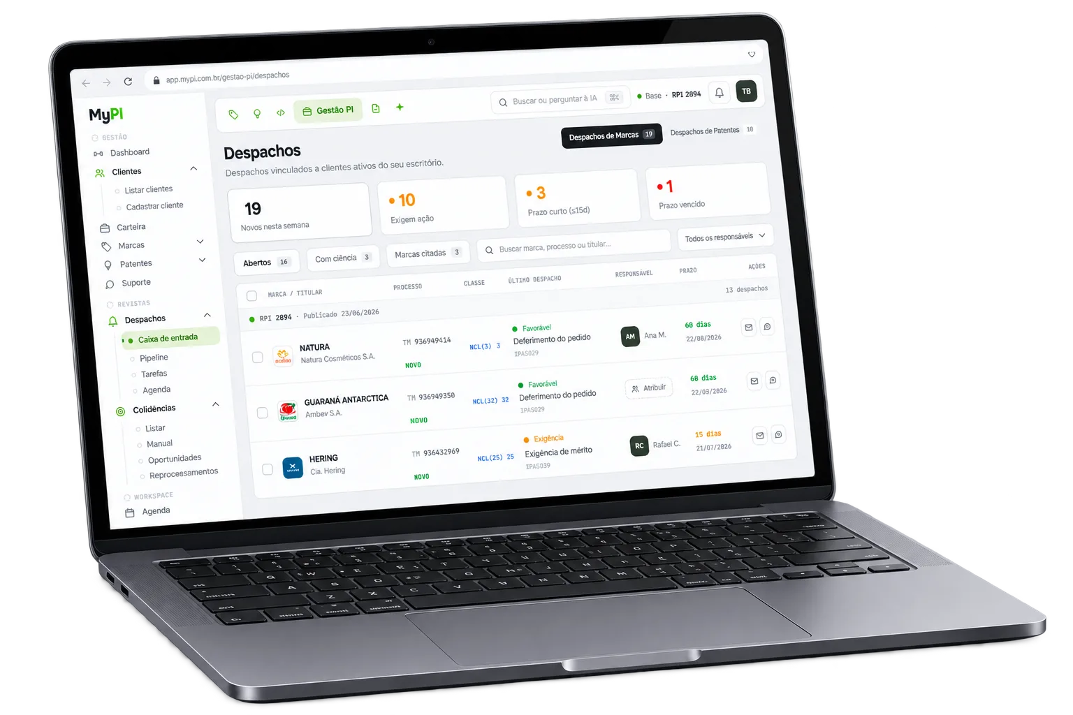 MyPI · caixa de despachos no notebook: prazos já calculados por processo da carteira