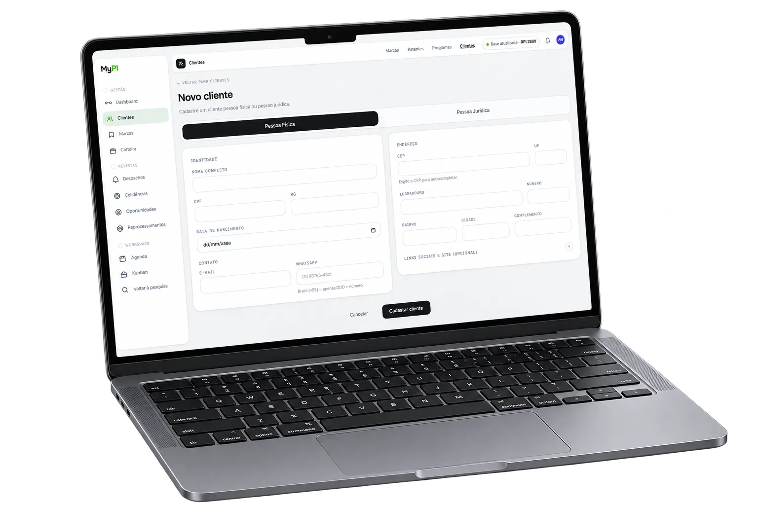 MyPI · cadastro de novo cliente no notebook: pessoa física e jurídica com identidade, contato e endereço