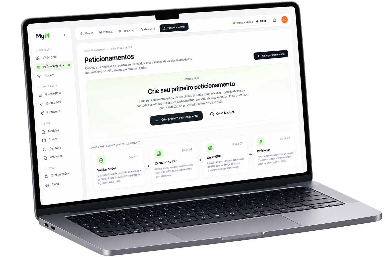 MyPI · peticionamentos no notebook: lista de casos e etapas de validação, cadastro no INPI, GRU e protocolo