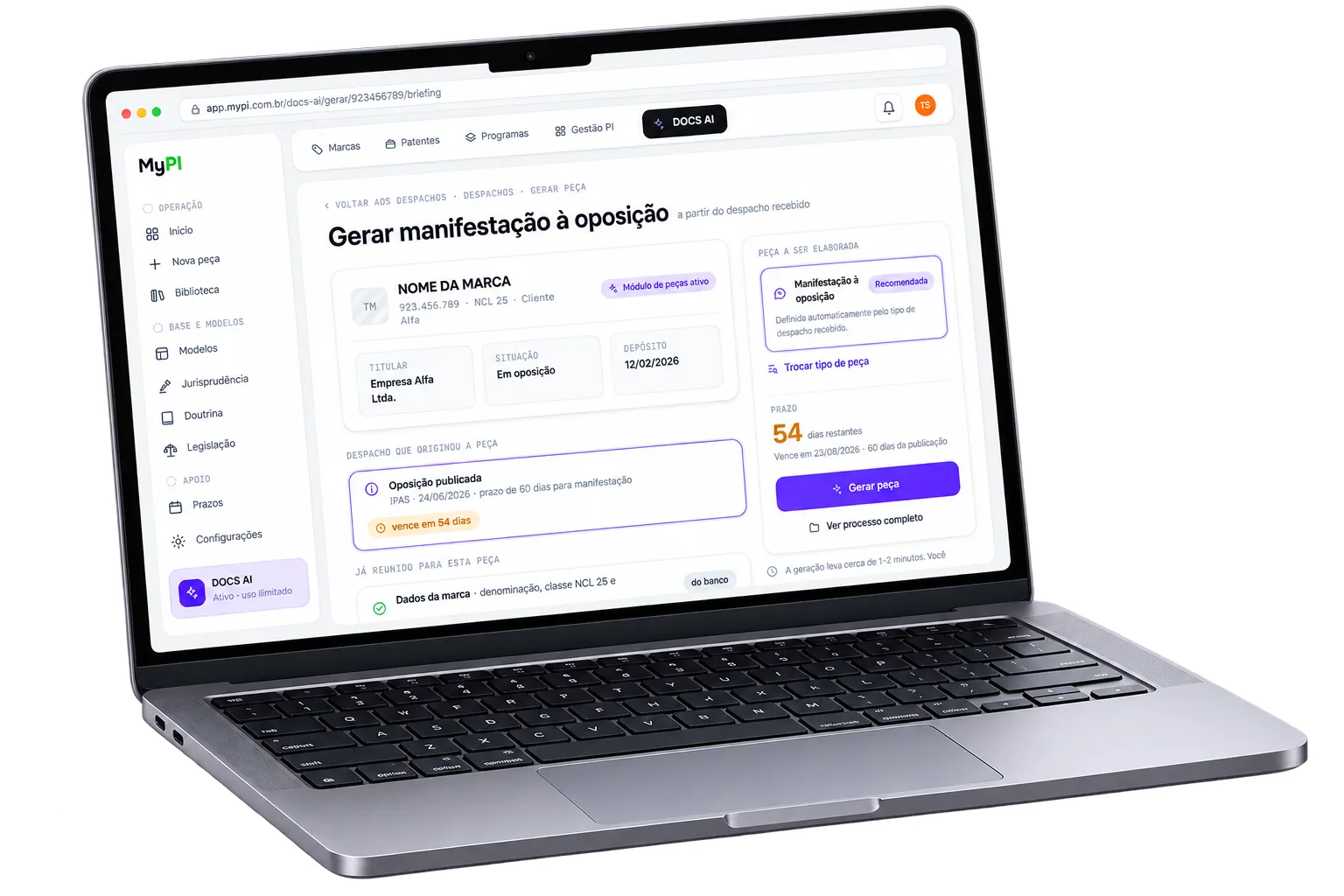 MyPI · Docs IA no notebook: gerar manifestação à oposição com dossiê do processo e prazo de 54 dias