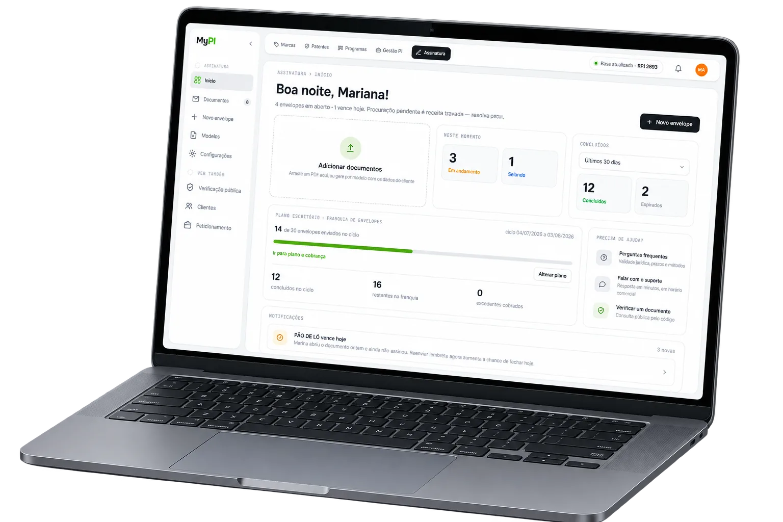MyPI · Assinatura no notebook: envelopes em aberto, prazos e notificações de vencimento